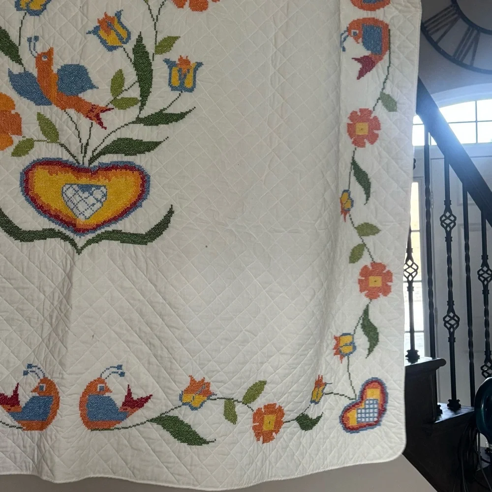 Vintage Lovebirds Needlepoint Quilt Folk Art Heart‎ Floral Bedspread Queen XL